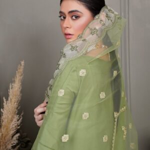 a woman in a green dress with a veil over her head