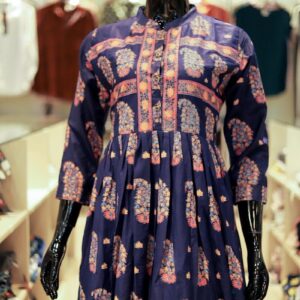 Dark blue dress with paisley pattern on display